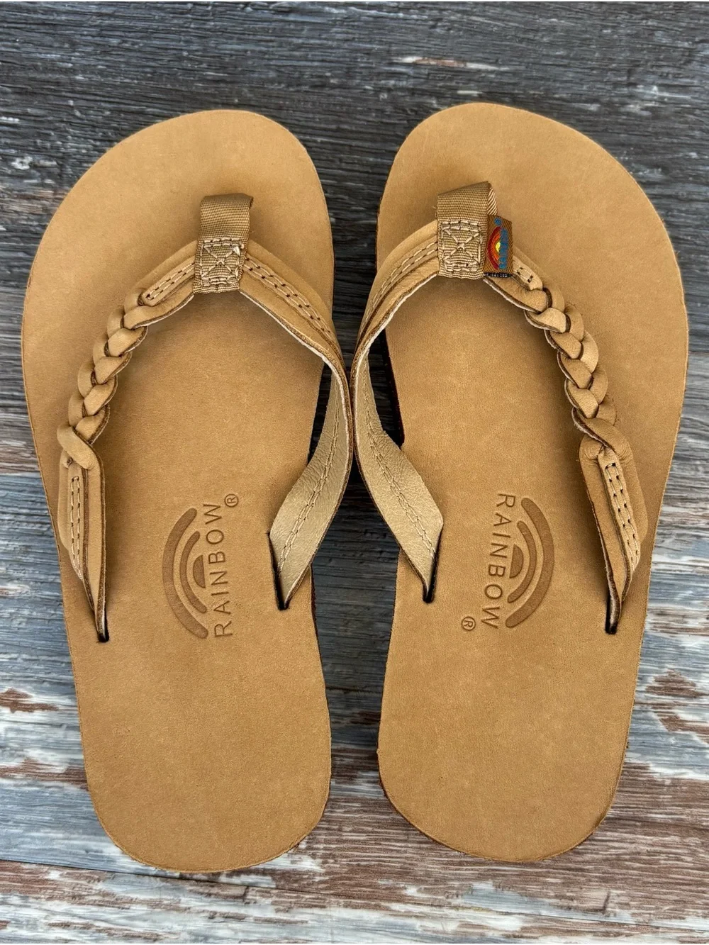 New Rainbow flirty braidy Kids Tan Flip Flops size 11/12